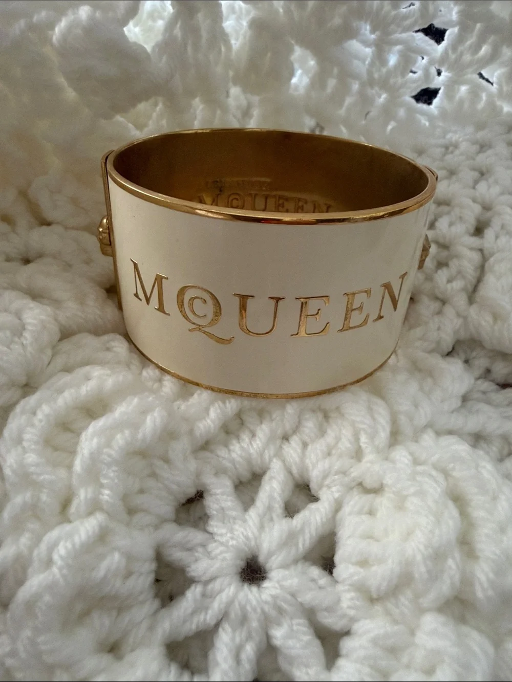 Alexander McQueen White Enamel and Gold-Tone Logo Cuff Bracelet